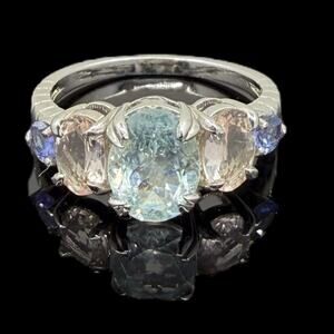 2.25ct Natural Aquamarine Morganite Tanzanite Ring 925 Sterling Silver Size 6
